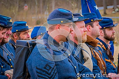 MOORPARK, USA - APRIL, 18, 2018: Group of people wearing blue uniform representing the Civil War Reenactment in Moorpark Editorial Stock Photo