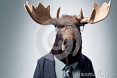 Moose business portrait dressed as a manager or ceo in a formal office business suit with glasses and tie. Ai generated Stock Photo