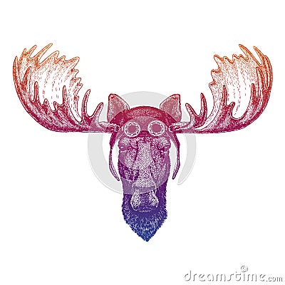 Moose, elk wearing vintage aviator leather helmet. Image in retro style. Flying club or motorcycle biker emblem. Vector Vector Illustration