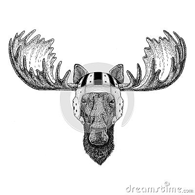 Moose, elk Wild animal wearing rugby helmet Sport illustration Vector Illustration