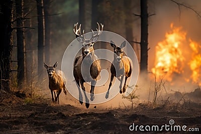 Moose fleeing from forest fire Stock Photo