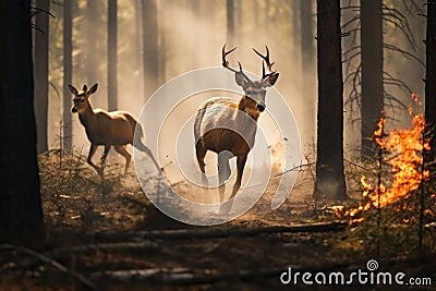 Moose fleeing from forest fire Stock Photo