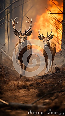 Moose fleeing from forest fire Stock Photo