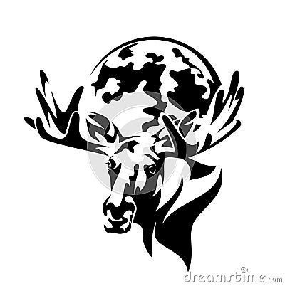 Moose head front view and full moon vector black and white outline Vector Illustration