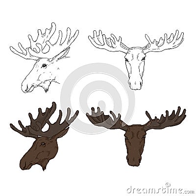 Moose Heads Sketch and Cartoon Illustrations Vector Illustration