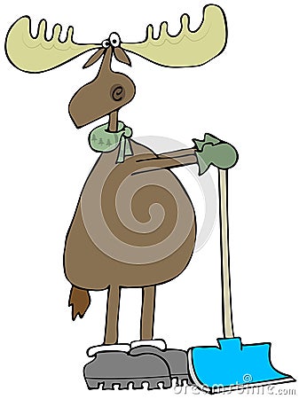 Moose leaning on a snow shovel Cartoon Illustration