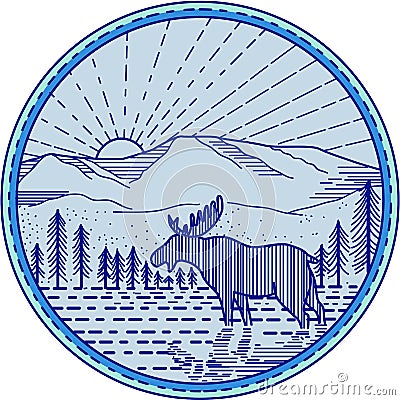 Moose River Flat Mountains Sunburst Circle Mono Line Cartoon Illustration