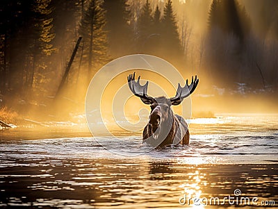 Ai Generated illustration Wildlife Concept of Moose in river Cartoon Illustration