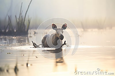 moose wading through a foggy marshland Stock Photo
