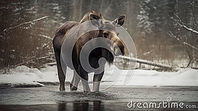 Moose in the wild, winter, wallpaper, background, photography, american flag, Generative AI Stock Photo