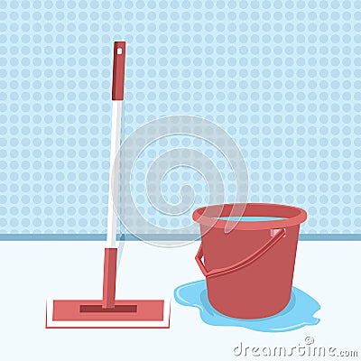 Mop And Bucket With Water Vector Illustration, Mopping The Floor Flat Design. Wet Cleaning. Clean Room. Cleaning Of Office Premise Vector Illustration