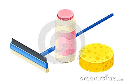 Mop with Detergent in Bottle and Sponge as Household Cleaning Equipments Isometric Vector Composition Vector Illustration