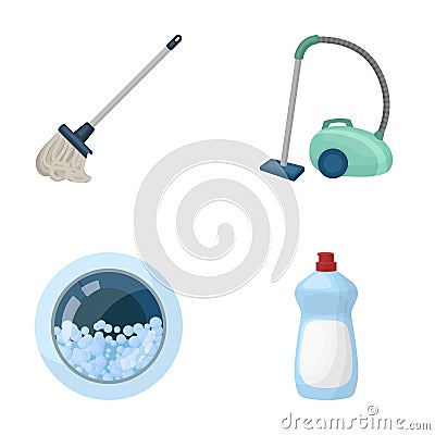 A mop with a handle for washing floors, a green vacuum cleaner, a window of a washing machine with water and foam, a Vector Illustration