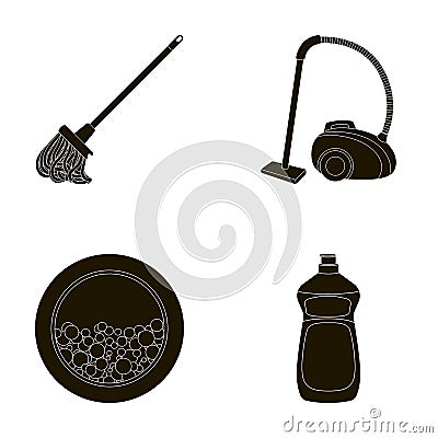 A mop with a handle for washing floors, a green vacuum cleaner, a window of a washing machine with water and foam, a Vector Illustration