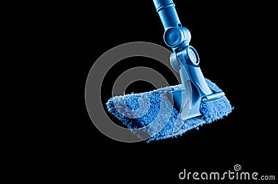 Mop with a rag of blue color for washing glasses and mirrors on a black background, isolate Stock Photo
