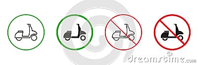 Moped Delivery Red and Green Road Warning Signs. Scooter Permit and Not Allowed Transportation Traffic Signs. Fast Vector Illustration