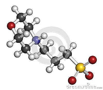 MOPS buffering agent molecule. 3D rendering. Atoms are represented as spheres with conventional color coding: hydrogen white,. Stock Photo