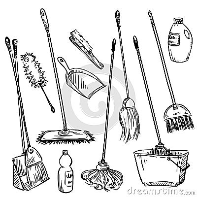 Mops. Set of cleaning tools. Vector Illustration