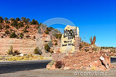 Moqui Cave sign at ancient history museum located at sandstone erosion cave. - Kanab, Utah, USA, 2020 Editorial Stock Photo