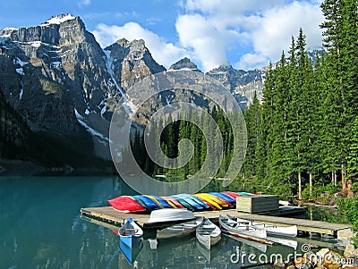 Moraine Lake with canoes Stock Photo