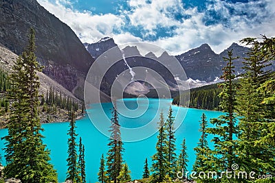 Moraine lake near Lake Louise village in Banff National Park, Alberta, Rocky Mountains Canada. View from rockpile trail Stock Photo