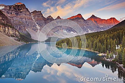 Moraine Lake at sunrise, Banff National Park, Canada Stock Photo