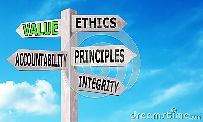 Moral values. Wooden signpost with arrows pointing different directions against blue sky Stock Photo