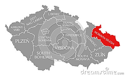 Moravia Silesia red highlighted in map of Czech Republic Cartoon Illustration