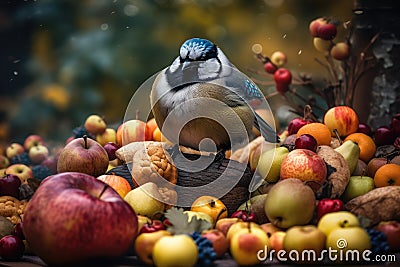 morbidly obese bird, surrounded by bountiful feast of fruits and nuts Stock Photo