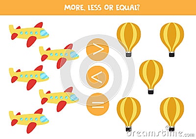 More, less or equal with cartoon air planes and air balloons Vector Illustration