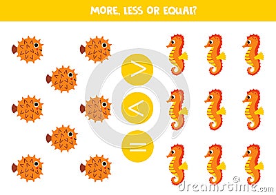 More, less or equal with cartoon blowfish and seahorse Vector Illustration