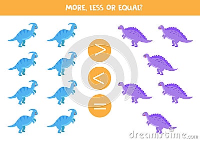 More, less, equal with cute dinosaurs. Math game. Vector Illustration