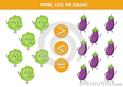 More, less or equal with cute kawaii cabbages and eggplants Vector Illustration