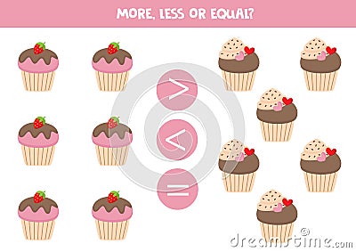 More, less or equal with cartoon cupcakes or muffins Vector Illustration