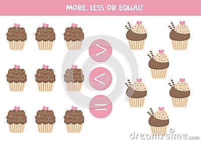 More, less or equal with cartoon cupcakes or muffins Vector Illustration