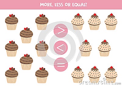 More, less or equal with cartoon cupcakes or muffins Vector Illustration