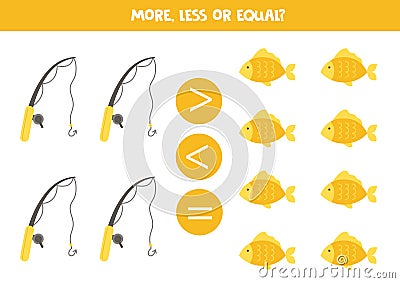 More, less, equal with fishing rods and fishes. Vector Illustration