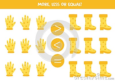 More, less, equal with garden gloves and boots. Vector Illustration