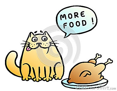 More food. Speech bubble. Orange cat and fried chicken. Vector illustration. Vector Illustration