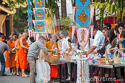 More monks with give alms bowl which came out of the offerings in the morning at Buddhist temple, Culture Heritage Site Editorial Stock Photo