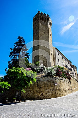 Moresco, medieval village in the Marches, heptagonal tower Stock Photo