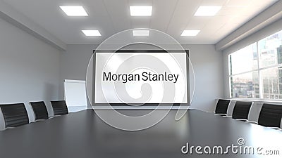 Morgan Stanley Inc. logo on the screen in a meeting room. Editorial 3D rendering Editorial Stock Photo