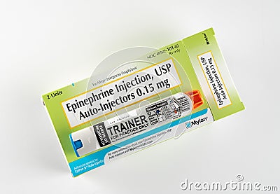 Box of Mylan EpiPen Jr or Junior for pediatric infant anaphylaxis with trainer Editorial Stock Photo