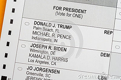 Close up macro of mail-in paper ballot for 2020 presidential election with focus on candidates Editorial Stock Photo