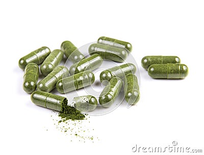 Moringa capsule pills on white background Stock Photo