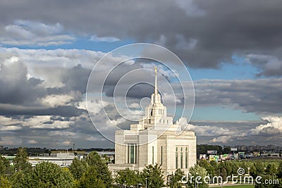 Mormon Temple in Kiev against the background of a cloudy sky Stock Photo