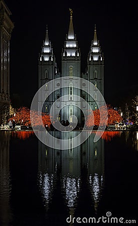 Mormon Temple Reflected On Water During Christmas Stock Photo