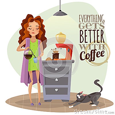 Morning Awakening With Cup Of Coffee Vector Illustration