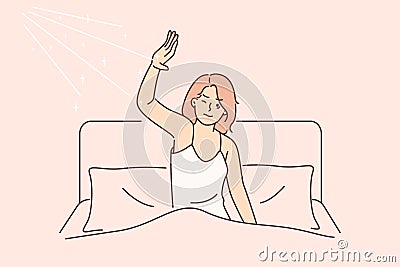 Morning awakening of woman dissatisfied with sun rays that interfere with sleep in bed Vector Illustration