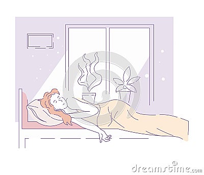 Morning bedroom woman sleeping in bed near window Vector Illustration